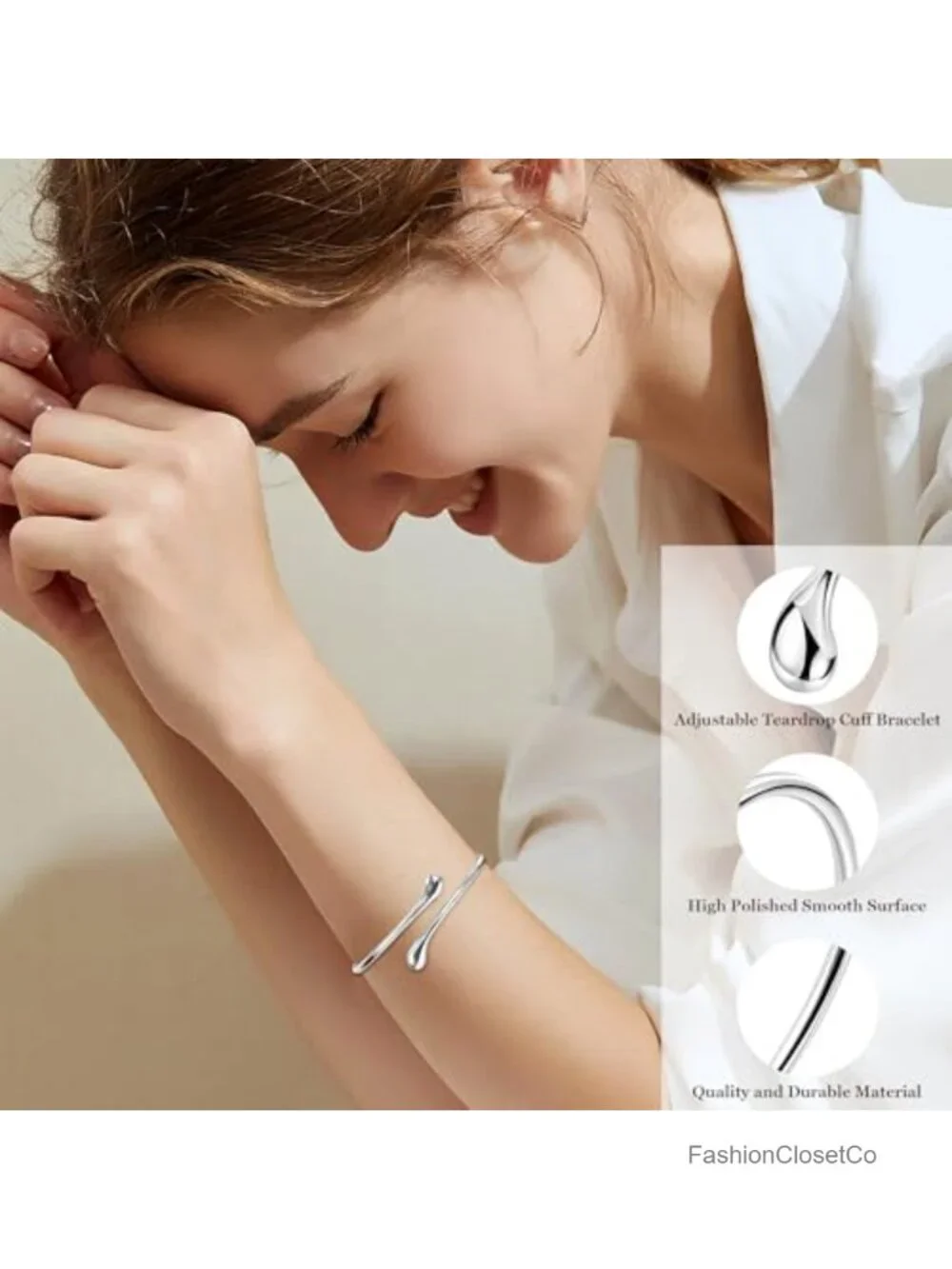 Teardrop Open Cuff Bracelet Adjustable Thin Bangle Hypoallergenic Metal
